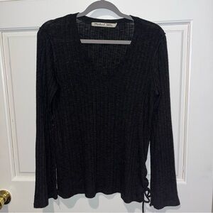 Michael Stars Black Long Sleeve Ribbed Sweater with side tie detail